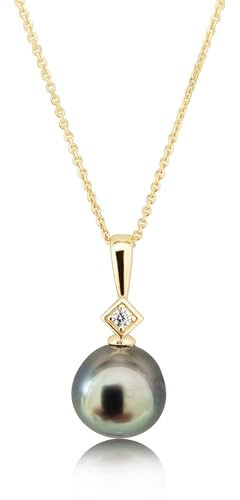 PERORNO Pendentif en Perle de Tahiti Noire Authentique 9, 10 mm, Argent Doré Élégant Sertie de Zircones Étincelantes
