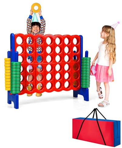 COSTWAY Vier-Gewinnt Spiel, 4 Gewinnt Spielbrettsätze, Vier in Einer Reihe Spiel mit 42 Jumbo Ringen, Schieberegler & Tragetasche zum schnellen Neustart für Kinder Erwachsene (Blau, mit Tasche)