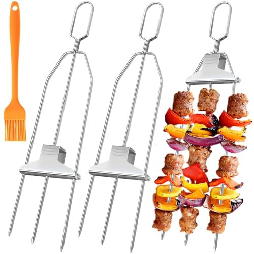 Gigflpyo Grillspieß Edelstahl,3 Stück 3-Wege Schaschlikspieße mit Silikonbürste, Halbautomatische Grillgabel, Metall Grill Spieße für Fleisch, Gemüse, Stockbrot zum Grillen, 37cm