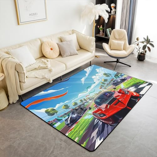 Homewish Jungen Sport Auto Dekorative Teppich 150Bx200L Rot Rennwagen Area Teppich, Schwarz Weiß Plaid Teppich Moderne Stadt Rutsch Teppich Speed Racing Auto Dekorative Teppich
