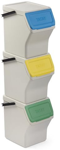 TATAY Cubos de Basura Reciclaje Easy Waste 20L | Set de 3 | Diseño Modular y Apilable | Tapa con Sistema Click | Asa de Transporte Integrada | Hecho de Material Reciclado | 35x27x36 cm - Blanco