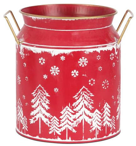 Putuo Decor Large Metal Milk Can with White Winter Forest Snowflake Design Rustic Farmhouse Holiday Vase with Gold Handles Vintage Christmas Décor for Festive Centerpieces Home Accents (Red)