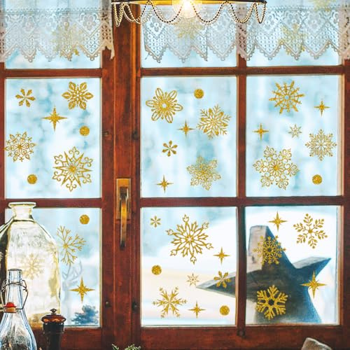 WandSticker4U®- 67 tlg. Glitzer SCHNEEFLOCKEN in GOLD Fensterbilder Weihnachten selbstklebend Weihnachtsdeko Fenster Aufkleber gold I Fenstersticker Weihnachten Kinder wiederverwendbar