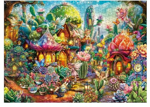 Plant Buttefly Puzzle for Adults 1000 Pieces, Fantasy Fairy Jigsaw Puzzle, Colorful Succulent Cactus Insect Houseplant Challenging Puzzle