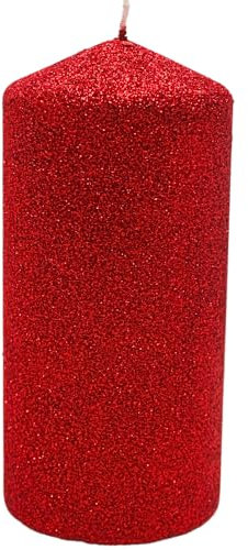 Dekohelden24 Hochwertige XL Glitterkerze als Stumpen - Stumpenkerze, Dekokerze, Tischkerze, Haushaltskerze in adventsrot, Größe L/B/H: ca. 7 x 7 x 15 cm.