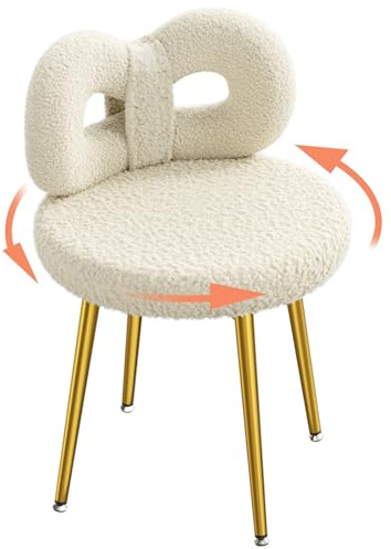 ROOMTEC Kosmetikstuhl mit Rückenlehne, ohne Räder, drehbarer Make-up-Stuhl mit gepolsterten und goldenen Metallbeinen, für Wohnzimmer, Schlafzimmer und Make-up-Raum, Weiß