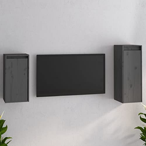 CINDERFUL Meubles TV 2 pcs Gris Bois Massif de pin,Meuble TV Mural en Bois Massif Gris Ensemble de 2 Design Pratique et élégant Meubles TV, Banc TV