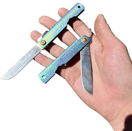 Obespina Petit Couteau Pliant Higonokami Traditionnel Japonais Manche Titane Anodisé Bleu Vert Lame Tanto Inversé Acier 14c28n Collection De Poche Cadeau Homme edc decoupe tranchant