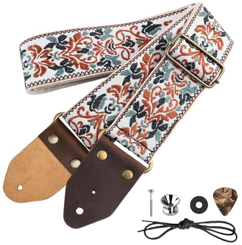 Gitarrengurt, Baumwollgitarrengurt für Akustikgitarre, 2 Bestickte Gitarrengurte, für Bass-, Elektro- und Akustikgitarren, Kostenlose Schnalle, Gurtschloss und Plektren (Retro-Gold-Jacquard)