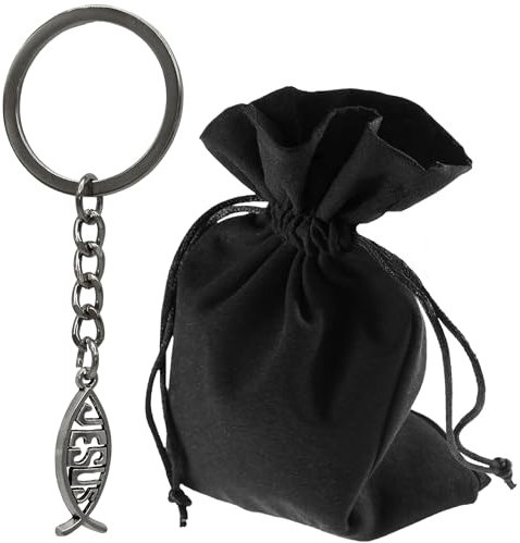 Lunexus Jesus Fisch Schlüsselanhänger - Ichthys Symbol aus Metall – Christenfisch mit Zertifikat - Gesegnetes Geschenk für Autofahrer, Gläubige & Pilger - Christlicher Anhänger mit Samtbeutel
