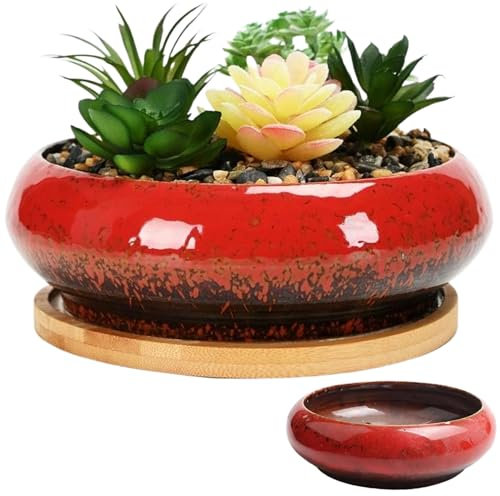 SMELEYOU Piantatrice Di Ciotola Di Loto Per Semi Di Fiori Di Loto In Ceramica Pentole Vegetali Glassati In Pentola Rotonda Bonsai Decorativa Fioriera Poco Profonda Senza Scarico Per Giglio, Rosso