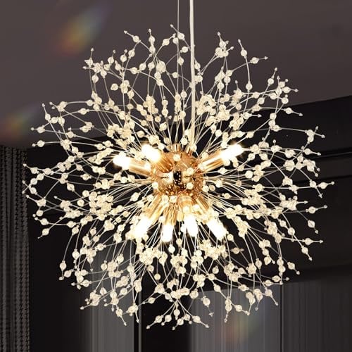KUNYEEE Moderne Feuerwerks-Kronleuchter Dandelion Pendelleuchte, Gold 8 Leuchten G9 Leuchten, Kristall-Kronleuchter-Leuchte für Wohnzimmer, Schlafzimmer, Esszimmer, Foyer, Flur, Φ45 cm