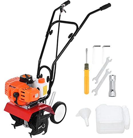 toilmua 52cc Garden Tiller, 2 Stroke Gas Powered Mini Rotary Cultivator 1.65KW 9000 RPM 1.2L Fuel Tank Hand Tillers, 6 Inch Working Depth 7.9 Inch Tilling Width Yard Tiller Orange