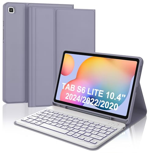 FOGARI Tastatur Hülle für Samsung Galaxy Tab S6 Lite 10,4 Zoll 2024/2022/2020, 7 Farben Beleuchtung, Keyboard Magnetisch Abnehmbarer Deutscher Bluetooth für Samsung Galaxy Tab S6 Lite 10.4, Lavendel