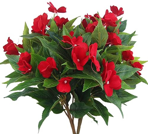 CEWUDA 2 Pcs Artificial Impatiens Flowers for Outdoors Faux Impatiens Bushes Red Silk Flower Greenery Faux Flowers for Outdoor Planters Patio Lawn Garden Balcony Pot Hanging Basket Porch Decoration