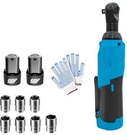 Squaeltirs 12V Cordless Ratchet Wrench Impact Drive Ratchet Rattle Nut Gun with 2X 3.0AH Battery,42N.m,3/8 Cordless Ratchet with 7 Sockets