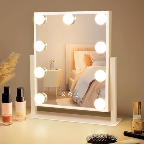 Mursche Schminkspiegel mit Beleuchtung Hollywood Spiegel - Vanity Mirror mit 9 LED Klein Kosmetikspiegel mit Licht 360° Drehung Tischspiegel 3 Modi Schminktischspiegel Touch Dimmbar
