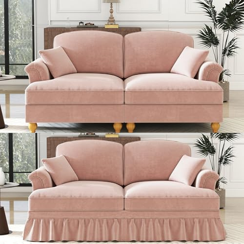 HAUSPROFI Modular Sofa, Couch mit Schlaffunktion, Cloud Couch mit Abnehmbarem Faltenrock,Verlängerte Armlehnen und Sofabeine aus Holz, Chenille-Gewebe, fürs Wohnzimmer (Rosa, 2 Sitze)