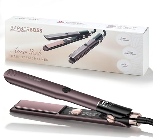 BarberBoss Plancha de pelo profesional de cerámica con placas móviles, tecnología de iones y queratina para todo tipo de cabello, alisador de peluquería (QR-8411, morado)