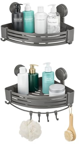 M.J COMFY-LIFE 2Pcs Suction Triangle Storage Rack Corner Shower Shelf Wall Mounted Bathroom Organizer with Suction Cups Large Capacity Shower Caddy for Toilet & Kitchen Removable Anti-Drop Guardrail
