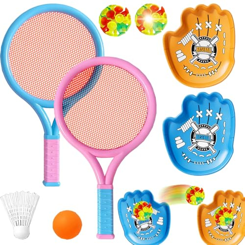 LUKIUP Ensemble de Badminton, Raquette de Tennis Rose, Raquette de Tennis Bleu, Set de Jeu avec Balle à Ventouses Lumineuse pour Sport d'extérieur Indoor