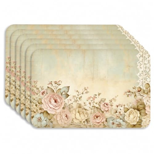 Set 6 Tovagliette Americane Shabby in PP 43 x 28 cm, Sottopiatti Decorativi Floreali Vintage, Tovagliette Lavabili per Tavola, Cucina, Sala da Pranzo e Colazione (Rose Verde Acqua)