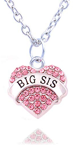 Sister Gifts Necklace for Women Girl Pink Blue Clear Crystal Love Heart Big Sister Charms Pendant (Pink Crystal)