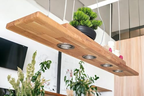 FRIESENLICHT LEA Holz Hängelampe rustikal Led Vintage Set Leuchte Eiche Massiv Rustikal Unikat Esstischlampe (1.Dimmbar über Wanddimmer, 150 cm/ 5 Spots)