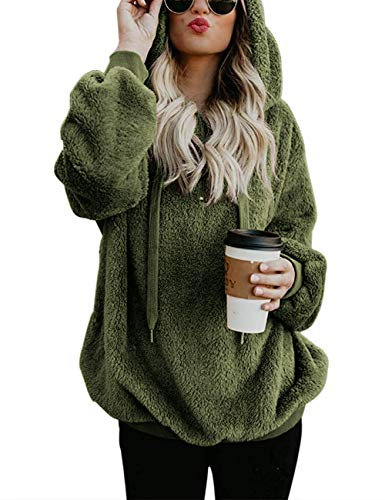 iWoo Plüsch Pullover Damen Hoodie Frauen Winter Plüsch Kapuzenpullover Sweatshirt Warm Hoodie Teddy - Mantel(Armee Grün,L)
