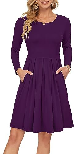 AUSELILY Women's Long Sleeve Pleated Loose Swing Casual Dress with Pockets Knee Length Purple S