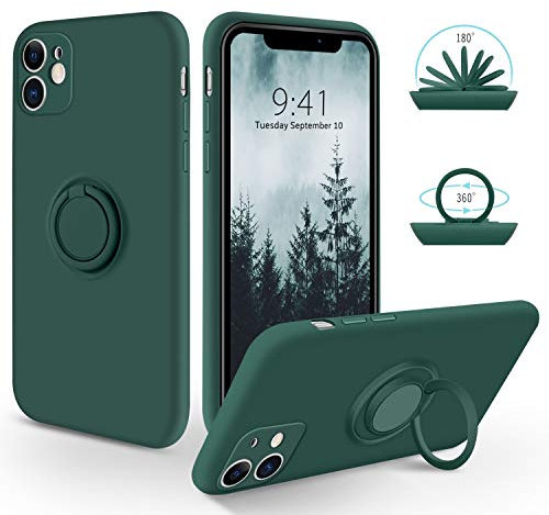 SouliGo for iPhone 11 Case Silicone Gel with 360° Ring Holder Kickstand【Compatible Magnetic Car Mount】 Slim Fit Soft Rubber Protective Shockproof Phone Cover Cases for iPhone 11 6.1 - Midnight Green