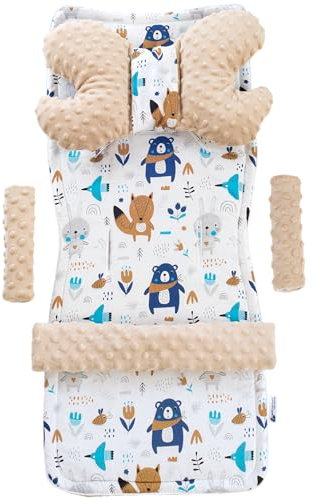 Medi Partners Universal Sitzauflage Kinderwagen & Buggys Sitzeinglage Kinderwagendecke 5tgl Gurtpolster + Spielbogen Kinderwagenset MINKY Baumwolle (Boho animals mit beigem Minky)