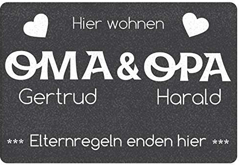 Fußmatte personalisiert Oma und Opa | Geschenk Oma und Opa Geburtstag | Elternregeln Enden Hier | Fussmatte mit Personalisierung | Schmutzfangmatte innen | Geschenkidee Großeltern | 60x40cm ohne Rand