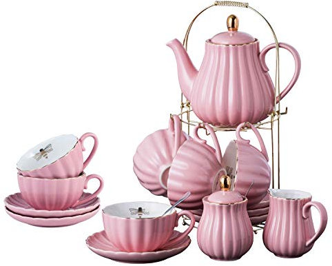 Jusalpha Fine China Pink Coffee Cup/Teacup Set, 8 OZ Cups& Saucer Set for 6, with Teapot-Sugar Bowl-Cream Pitcher Spoons, Tea Strainer and Tea Cup Holder (Pink, Serve of 6)