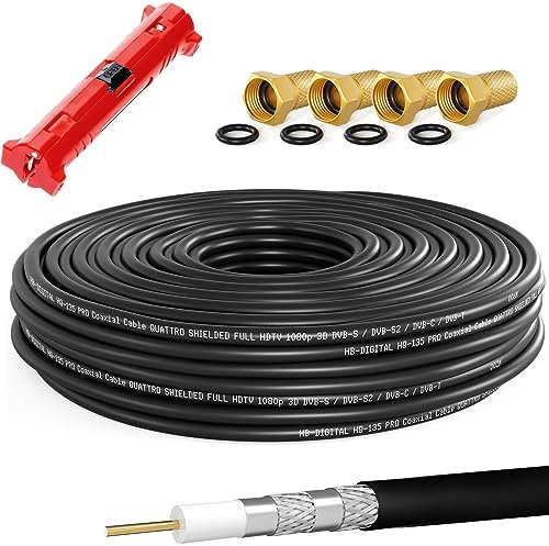 HB-DIGITAL 15m SAT cavo coassiale HQ-135dB PRO incl. pinze spelafili + 4 connettori F placcati in oro Cavo antenna satellitare 4 volte schermato per sistemi radio BK DVB-S/S2 DVB-C/C2 DVB-T/T2 DAB+