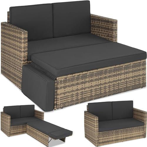 tectake® Salon de Jardin Exterieur en Poly Rotin Modulable Bain de soleil 2 Places 1 Canapé et 1 Tabouret Pouf avec Repose-pieds inclinable, Mobilier de Jardin pour Amenagement Balcon Terrasse Veranda