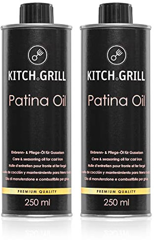 KitchGrill® Einbrenn- und Pflegeöl | 2 x 250 ml | Patinaöl für Gusseisenpfannen und - Töpfe, Grillroste, Grillplatten, Dutch Oven, etc. | Gusseisen, Schmiedeeisen, Einbrennöl, Pflegeöl