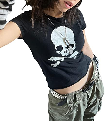Frauen Y2K Graphic Print T-Shirt Gothic Punk Crop Top Casual Kurzarm Crop Tee Vintage Shirts Harajuku 90s Streetwear