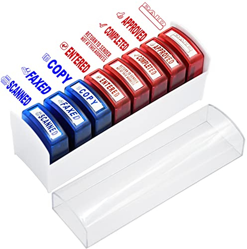 Bertiveny Selbstfärbender Bürostempel-Set für genehmigte, bezahlte, abgeschlossene Kopie, Faxe, gescannte Stempel, Gummi-Business-Stempel, 8 Stück, mit Kunststoffablage, Nachricht, Konto, Stempel,