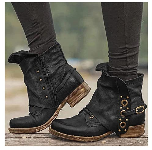 MIYYO Herbst Winter Biker Booties Damen Vintage PU-Leder Stiefeletten Combat Ankle Boots Mit Reißverschluss Fashion Kurz Stiefel Mit Stollen Outdoor Warm Schneestiefel rutschfest Gummistiefel