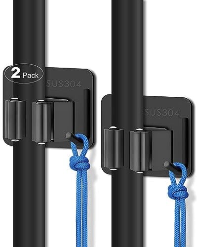 AceMining 2Pcs Broom Holder, Black Broom Holder Wall Mounted, Stainless Steel Mop Holder, Broom Gripper with Nails Installation, Heavy Duty Broom Clips, Broom Storage