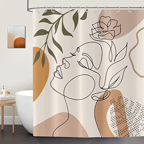 ASDCXZ Boho Style Duschvorhang 180x220 cm, Modern Abstrakt Kunst Beige Mädchen mit Gesicht Blumen Blätter Waschbar Duschvorhänge Polyester Textil Wasserdicht Duschvorhang für Badewanne mit 12 Haken