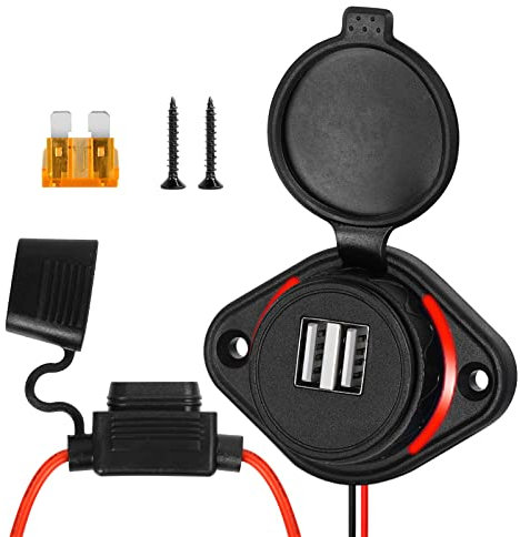 Cargador de Coche Rapida, 5V 4.8A Cargador de Coche Puerto USB Dual, DC 12-24V Adaptador Cargador Coche, con Seguro de 5A, con luz roja, para Barco, Motocicleta, Camión, ATV, RV, Scooter