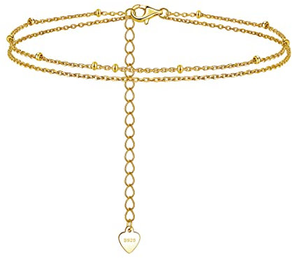 Loutade Silver Anklets for Women, 925 Sterling Silver Ankle Bracelet, 10 Inch Adjustable Beach Silver Beaded Anklets Double-Deck Foot Chain, Summer Holiday Beach Jewellery Gold Shell Ankle Chain