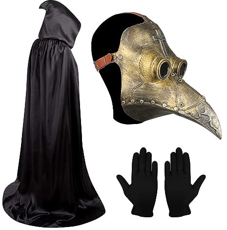 Maschera da dottori della peste, maschera per Halloween con becco lungo dal naso, maschera gotica per cosplay e uccelli, in lattice, maschera steampunk, con mantello nero con cappuccio e guanti, per