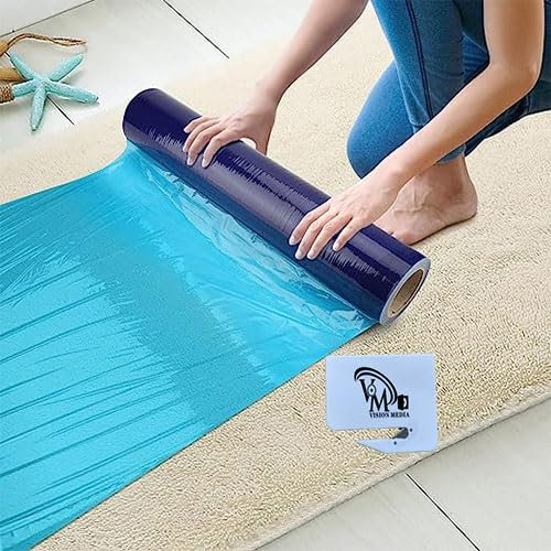VISION MEDIA® 50m x 60cm Transparent Blue Heavy Duty Carpet Protector – 80 Mic Strong Premium Plastic Self-Adhesive Floor Protector - Waterproof Carpet Roll - Easy Unwinding - Safety Cutter Included