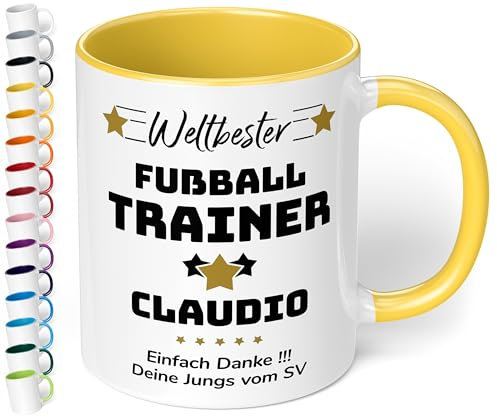 True Statements Geschenk für Trainer: Keramik-Tasse „Weltbester Trainer“ personalisiert mit Sportart, Namen und Wunschtext – Kaffeebecher 330ml. - Fußball Handball (Hellgelb)