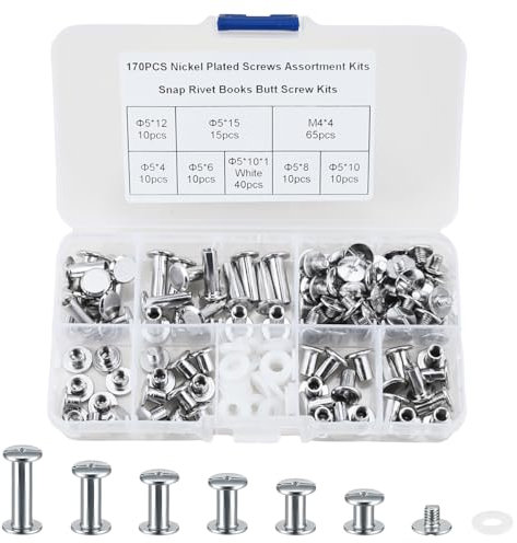 TESSTSY 170 Piezas Tornillos Chicago, Tornillos Encuadernar 4/6/8/10/12/15 mm, Tornillos de Encuadernación Acero Niquelado, Remaches de Tornillo para Cuero, Libros, Álbumes de Fotos (Plata)