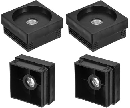 QUARKZMAN 4 Stück Kunststoff-Gewindeeinsätze mit M12-Gewinde, für 60x60 mm Vierkantrohr, Verstellbarer schwarzer Kunststoff-Steckverbinder, Stuhlbeinkappen, Möbelbeinstecker