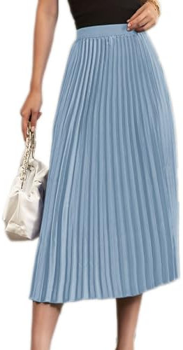 seiveini Damen Plisseerock Länge Elegant Plissee-Maxirock Elastische Taille Chiffon Langer Faltenrock Elastischer Bund für Frühling Sommer Herbst Rock Lang 90cm Einfarbig Vintage A Hellblau L